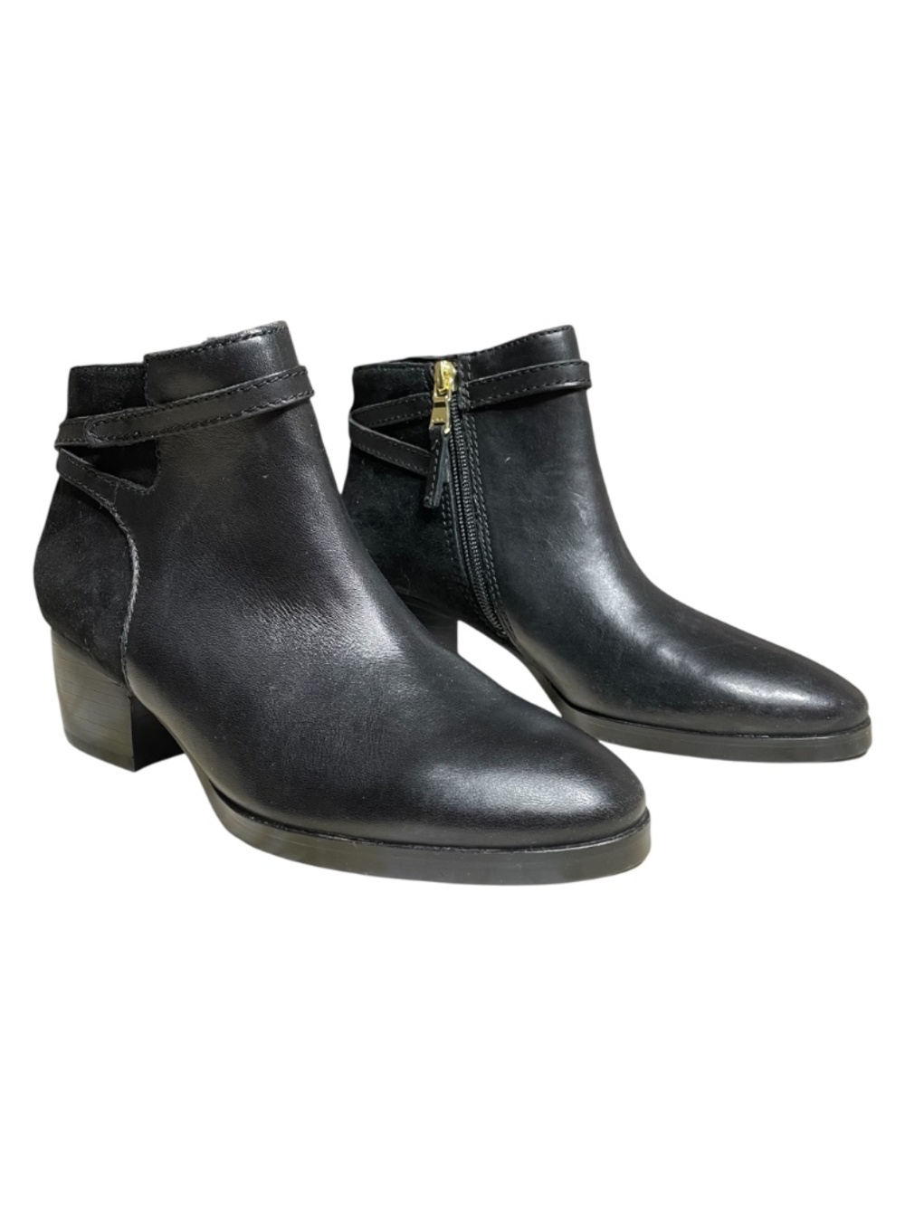 Ralph Lauren Leather Ankle Boots 5.5 Suede Block Heel Almond Toe Strap Harness